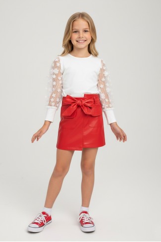 Kız Çocuk Danteli Kollu Bluz Ve Fiyonk Detaylı Deri Mini Etek Takımı