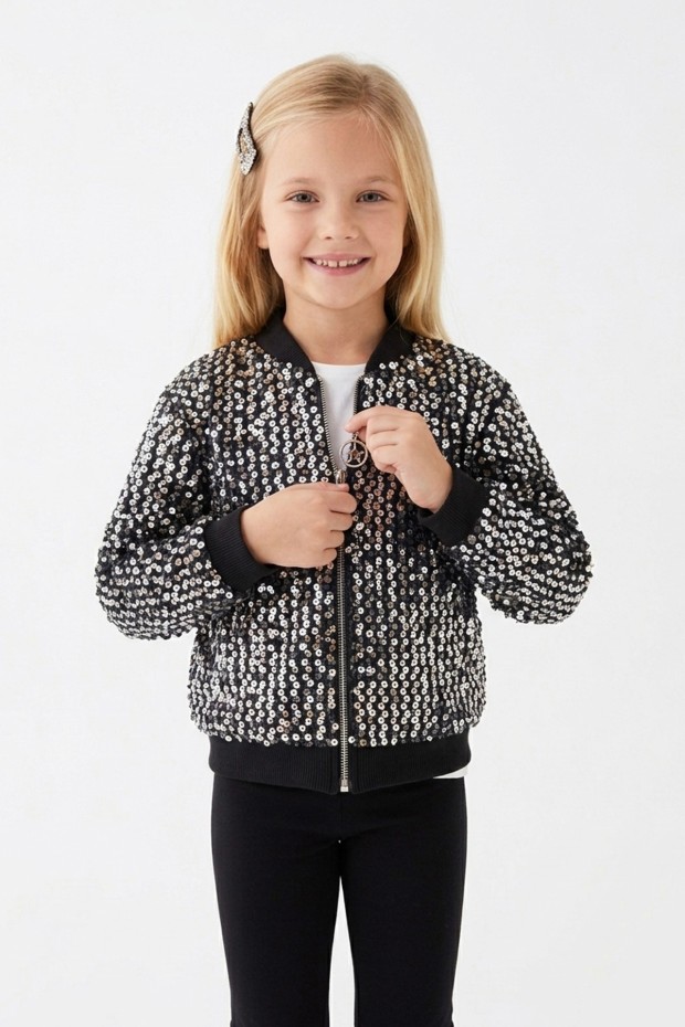 Kız Çocuk Payetli Fermuarlı Bomber Şık Ceket 