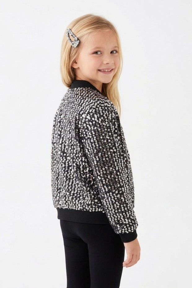 Kız Çocuk Payetli Fermuarlı Bomber Şık Ceket 