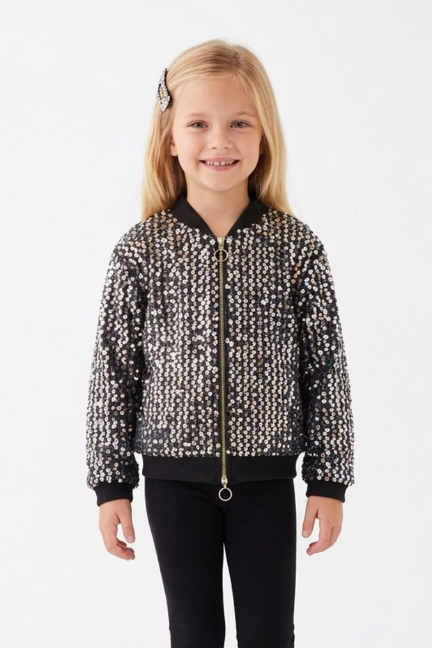 Kız Çocuk Payetli Fermuarlı Bomber Şık Ceket 