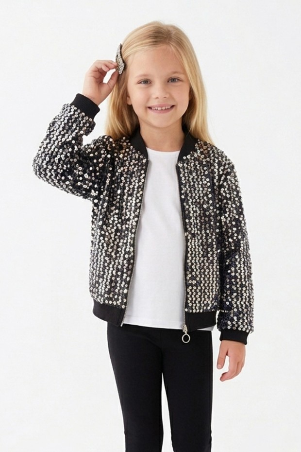 Kız Çocuk Payetli Fermuarlı Bomber Şık Ceket 