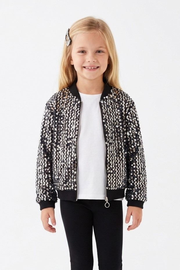 Kız Çocuk Payetli Fermuarlı Bomber Şık Ceket 