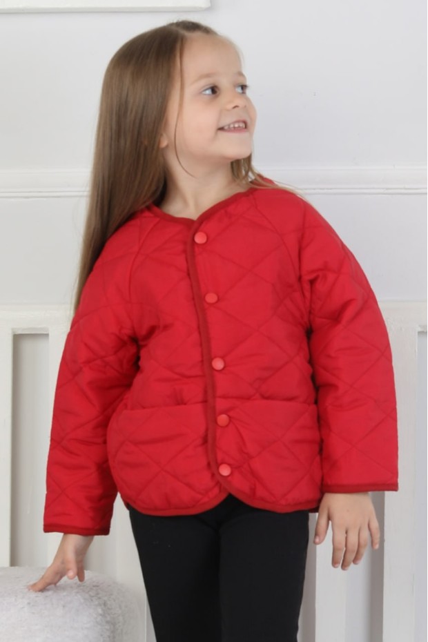 Kız Çocuk Kapüşonsuz Baklava Desenli Kapitone İnce Ceket