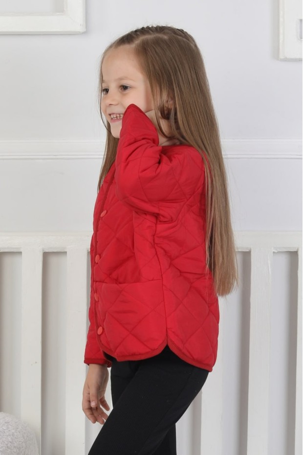 Kız Çocuk Kapüşonsuz Baklava Desenli Kapitone İnce Ceket