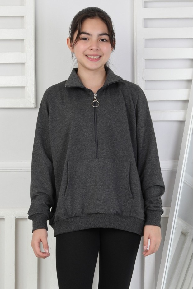 Yarım Fermuarlı Kapüşonlu Kız Çocuk Sweatshirt