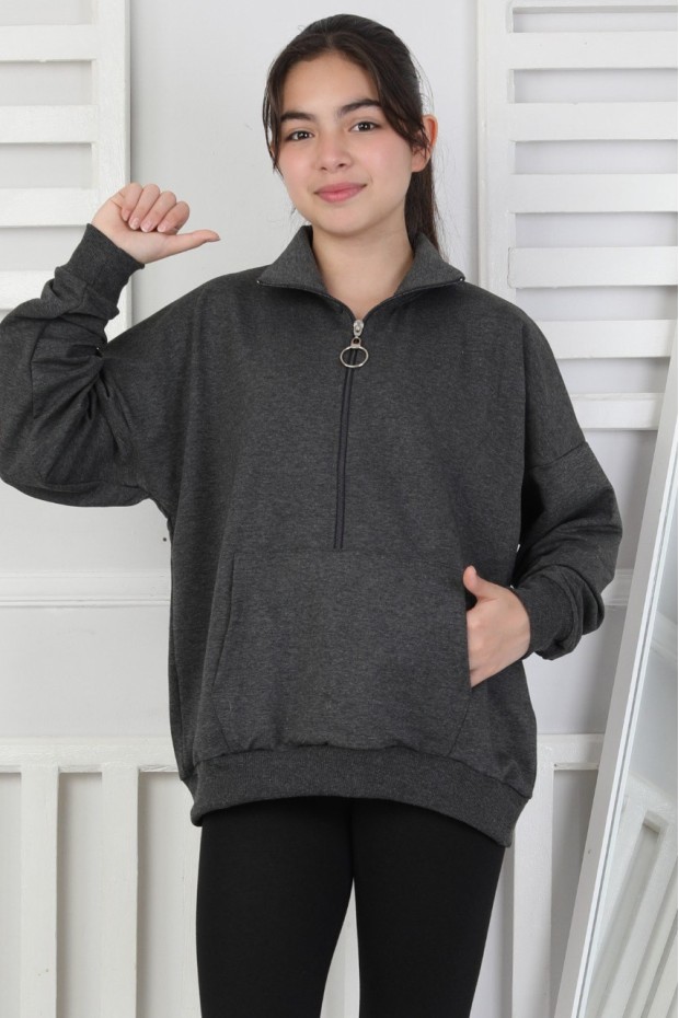 Yarım Fermuarlı Kapüşonlu Kız Çocuk Sweatshirt
