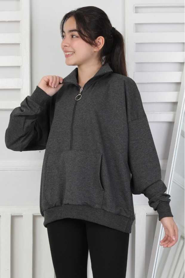 Yarım Fermuarlı Kapüşonlu Kız Çocuk Sweatshirt