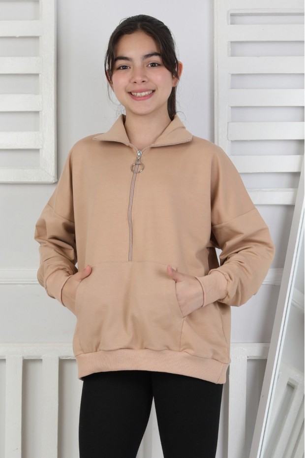 Yarım Fermuarlı Kapüşonlu Kız Çocuk Sweatshirt