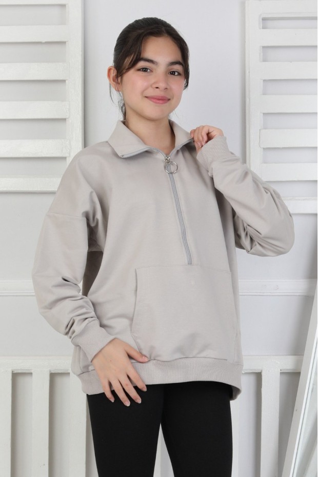 Yarım Fermuarlı Kapüşonlu Kız Çocuk Sweatshirt