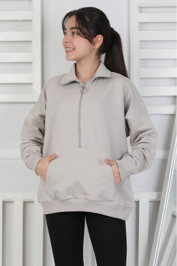 Yarım Fermuarlı Kapüşonlu Kız Çocuk Sweatshirt