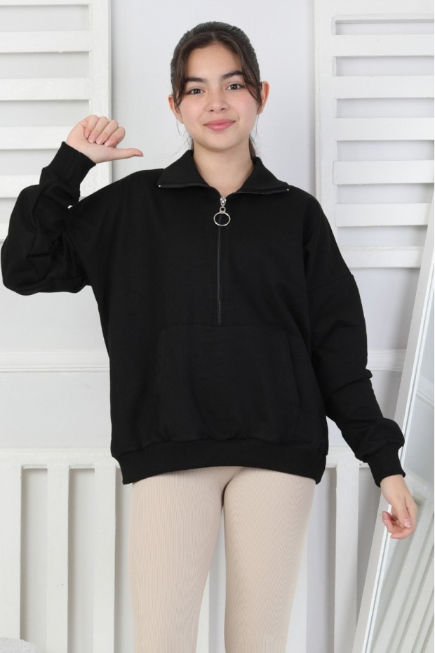 Yarım Fermuarlı Kapüşonlu Kız Çocuk Sweatshirt