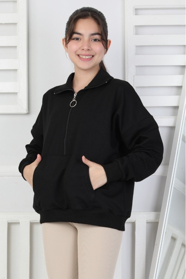 Yarım Fermuarlı Kapüşonlu Kız Çocuk Sweatshirt