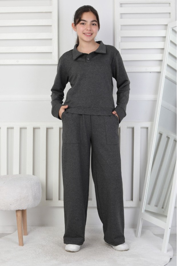 Yakalı Cepli Bol Paça Kız Çocuk Takım