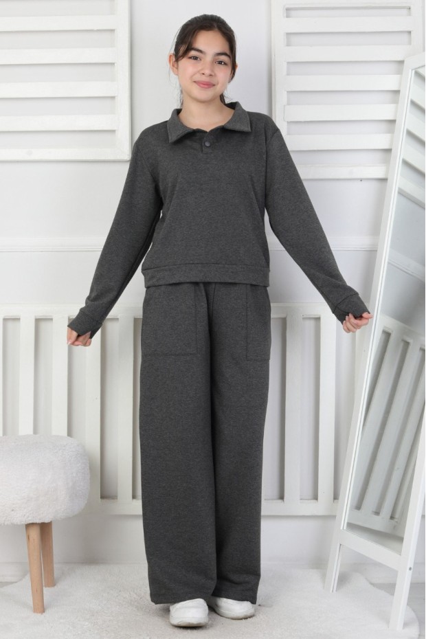 Yakalı Cepli Bol Paça Kız Çocuk Takım