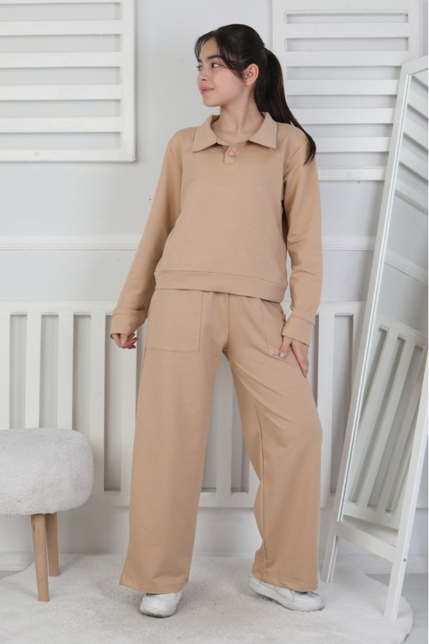 Yakalı Cepli Bol Paça Kız Çocuk Takım