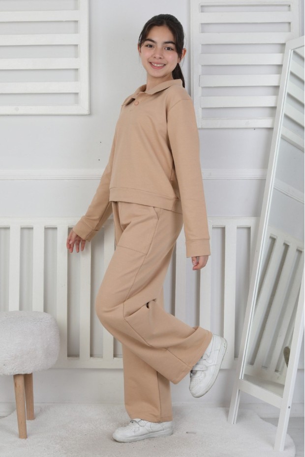 Yakalı Cepli Bol Paça Kız Çocuk Takım