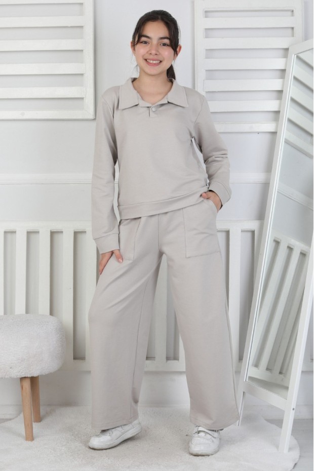 Yakalı Cepli Bol Paça Kız Çocuk Takım