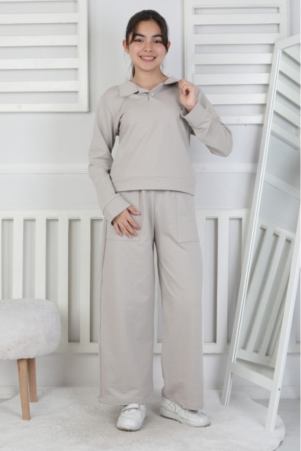 Yakalı Cepli Bol Paça Kız Çocuk Takım