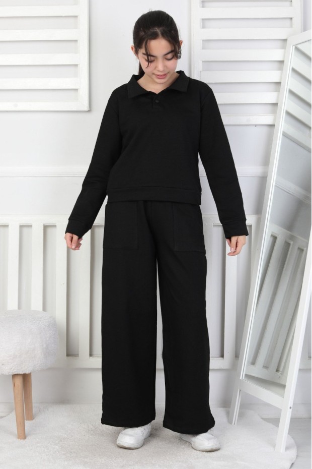 Yakalı Cepli Bol Paça Kız Çocuk Takım