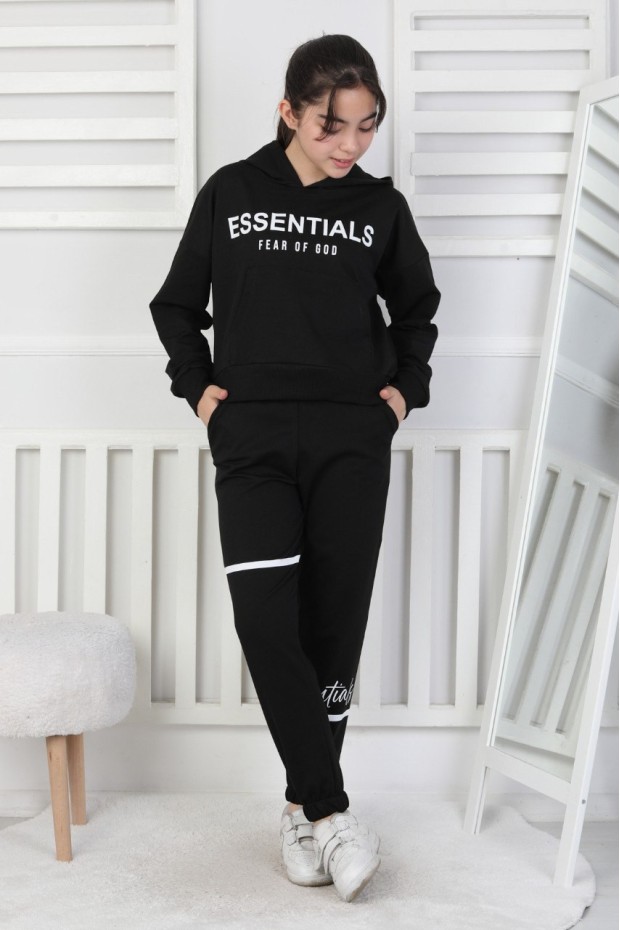 İki İplik Kapüşonlu Baskılı Kız Çocuk Takım