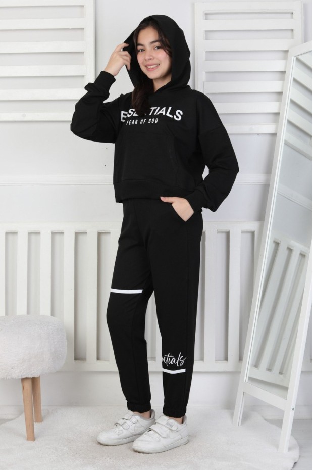 İki İplik Kapüşonlu Baskılı Kız Çocuk Takım