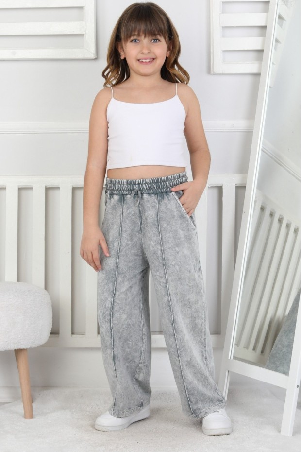 İki İplik Önü Çizgi Detaylı Yıkamalı Kız Çocuk Eşofman Altı 