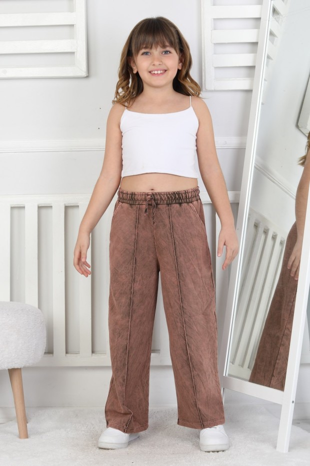 İki İplik Önü Çizgi Detaylı Yıkamalı Kız Çocuk Eşofman Altı 