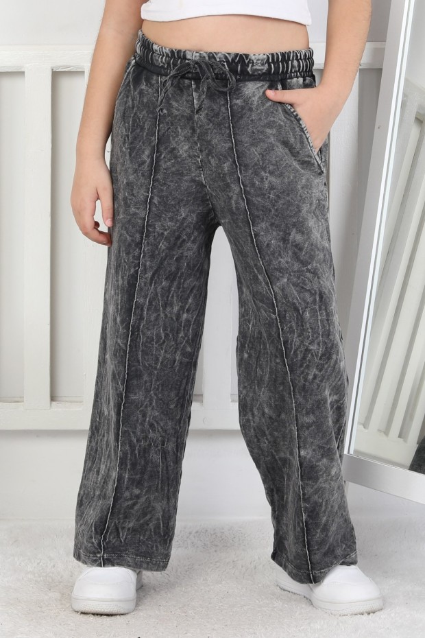 İki İplik Önü Çizgi Detaylı Yıkamalı Kız Çocuk Eşofman Altı 