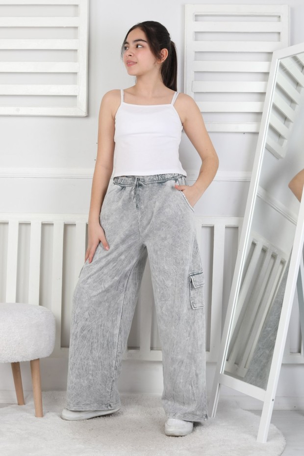 İki İplik Yıkamalı Kargo Çepli Kız Çocuk Eşofman Altı