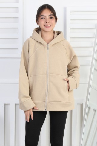 Üç İplik Şardonlu Kapşonlu Kız Çocuk Sweatshirt