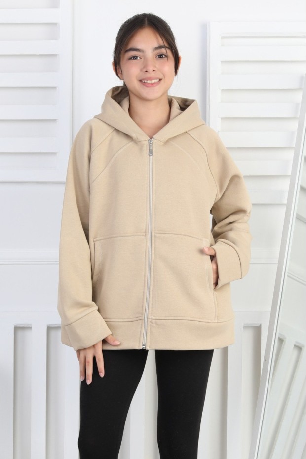 Üç İplik Şardonlu Kapşonlu Kız Çocuk Sweatshirt