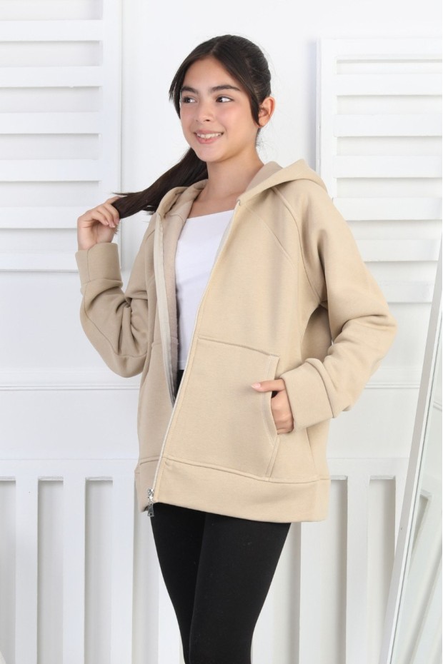 Üç İplik Şardonlu Kapşonlu Kız Çocuk Sweatshirt