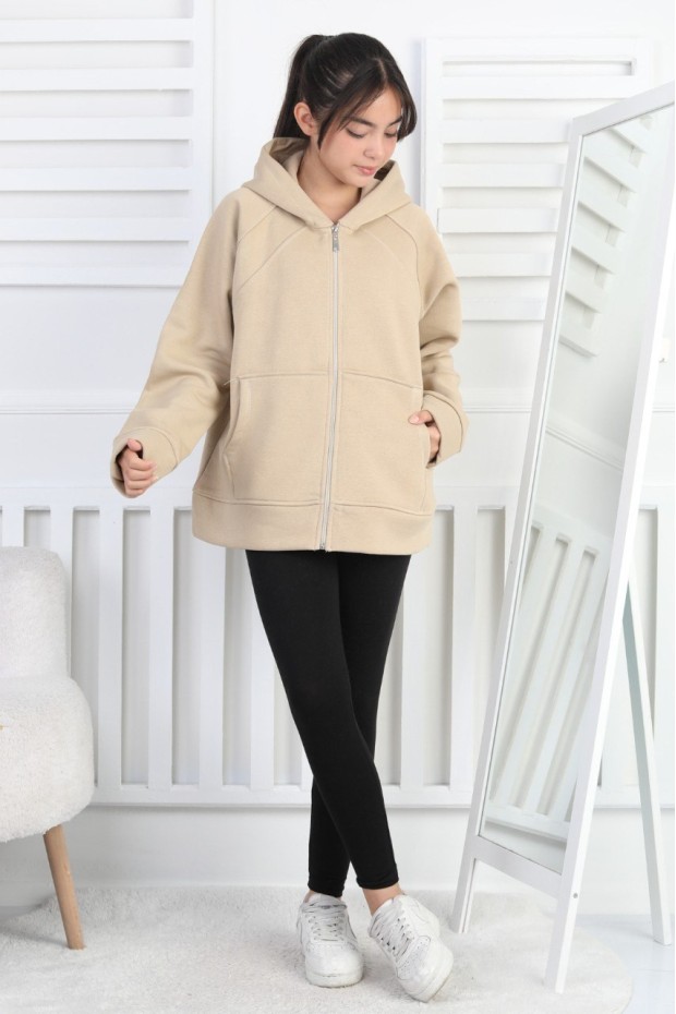 Üç İplik Şardonlu Kapşonlu Kız Çocuk Sweatshirt