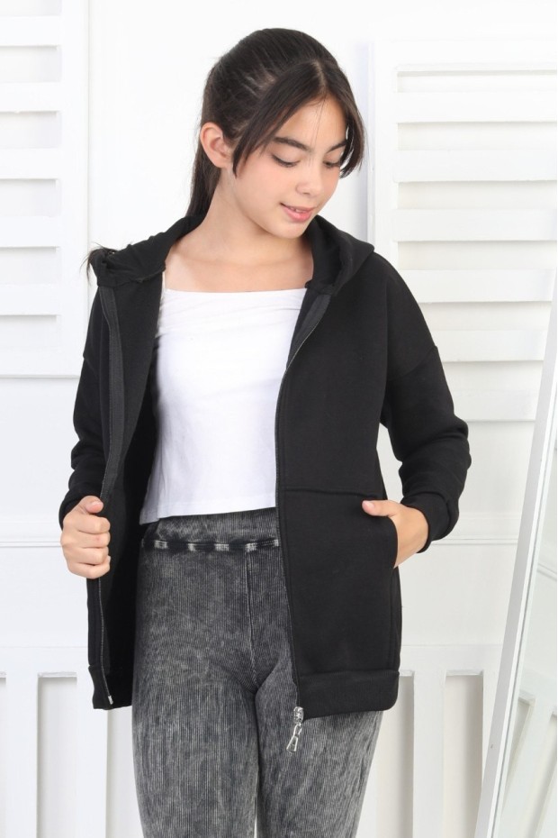 Şardonlu 3 İplik Kapşonlu Kız Çocuk Sweatshirt