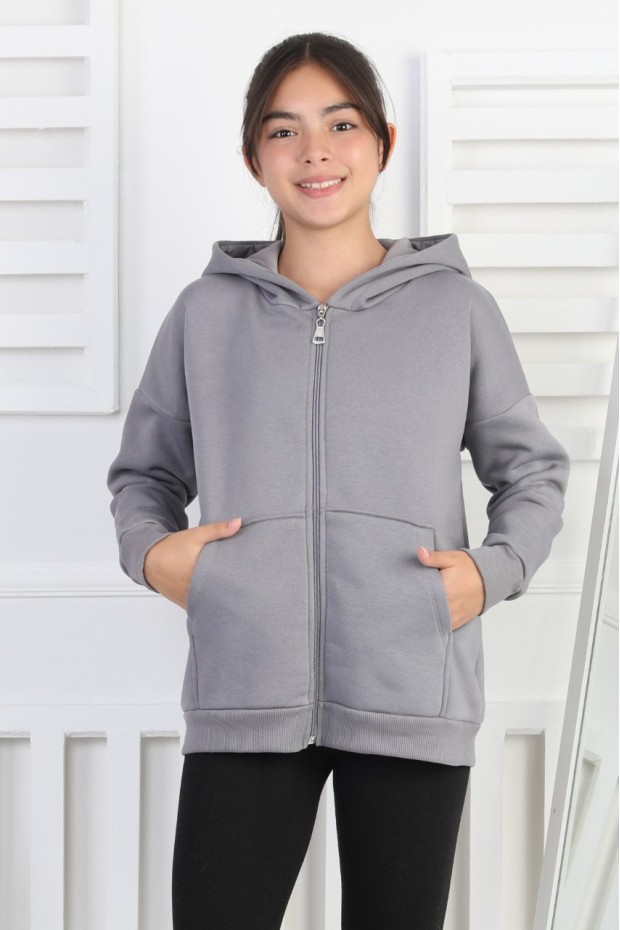 Şardonlu 3 İplik Kapşonlu Kız Çocuk Sweatshirt