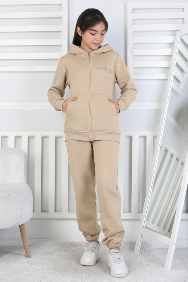 Şardonlu 3 İplik Kapşonlu Baskılı Kız Çocuk Takım