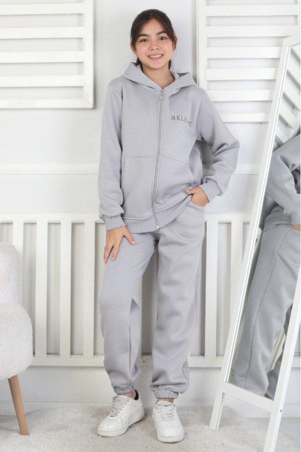 Şardonlu 3 İplik Kapşonlu Baskılı Kız Çocuk Takım