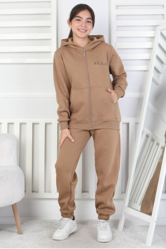 Şardonlu 3 İplik Kapşonlu Baskılı Kız Çocuk Takım