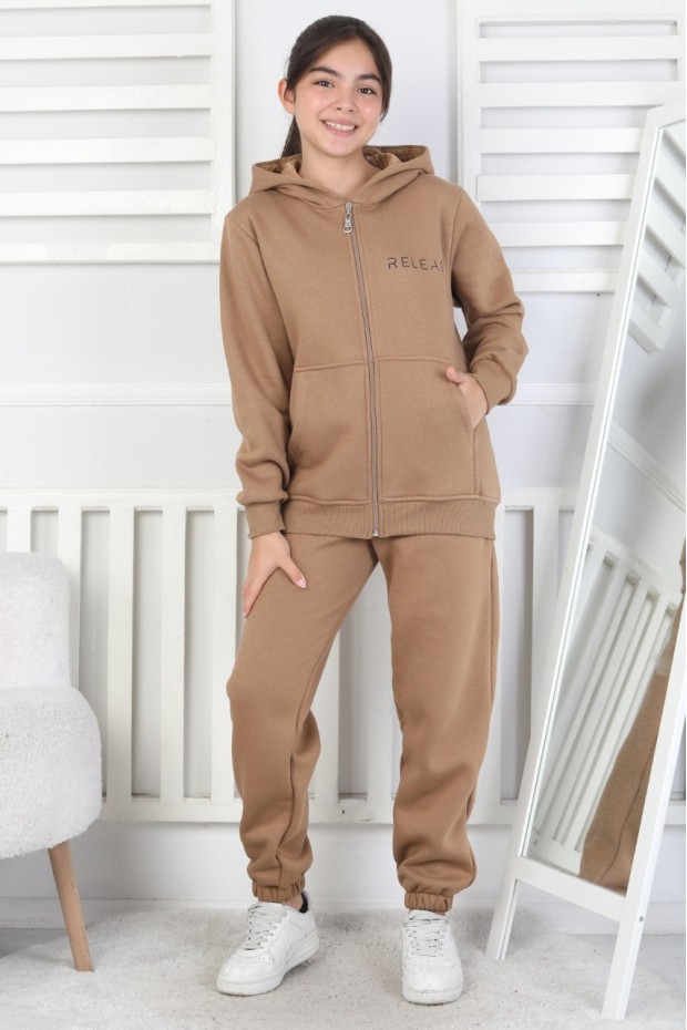 Şardonlu 3 İplik Kapşonlu Baskılı Kız Çocuk Takım