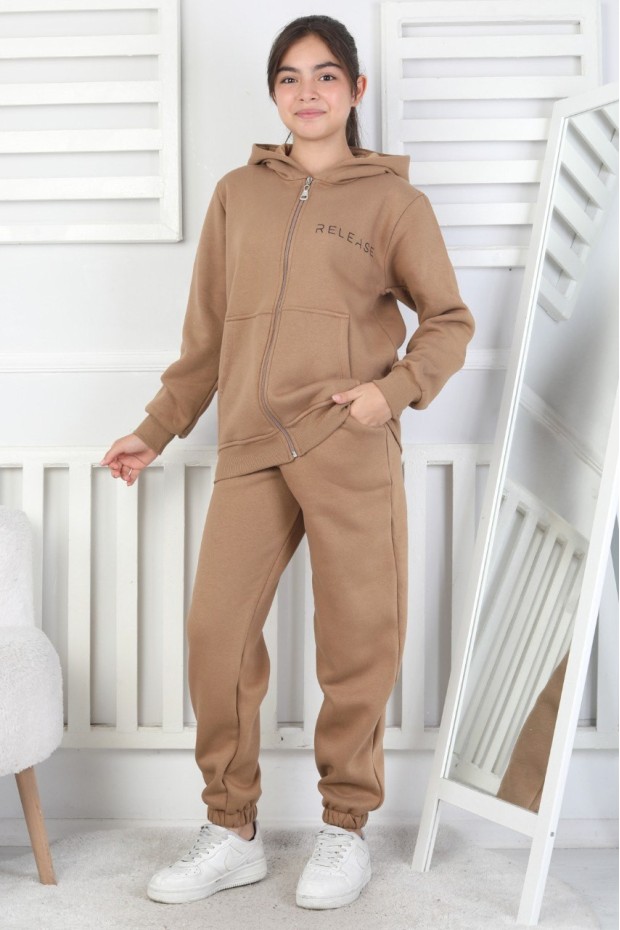 Şardonlu 3 İplik Kapşonlu Baskılı Kız Çocuk Takım