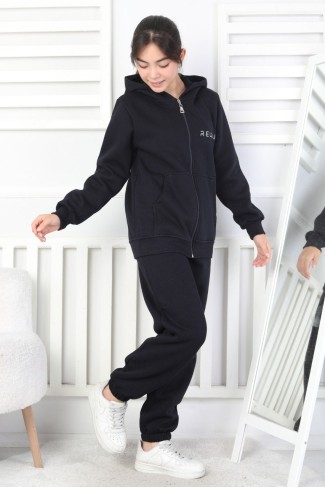 Şardonlu 3 İplik Kapşonlu Baskılı Kız Çocuk Takım