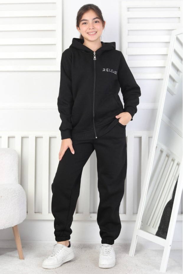 Şardonlu 3 İplik Kapşonlu Baskılı Kız Çocuk Takım