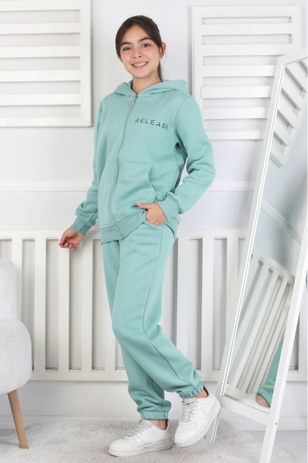 Şardonlu 3 İplik Kapşonlu Baskılı Kız Çocuk Takım