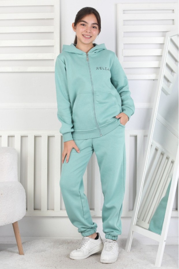 Şardonlu 3 İplik Kapşonlu Baskılı Kız Çocuk Takım