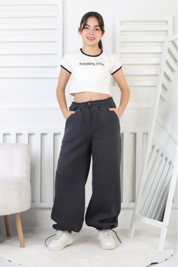 Şardonlu 3 İplik Paça Sıkmalı Kız Çocuk Eşofman Altı