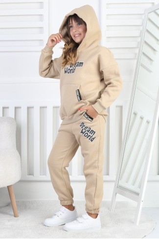 Şardonlu 3 İplik Baskılı Kapşonlu Kız Çocuk Takım