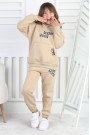 Şardonlu 3 İplik Baskılı Kapşonlu Kız Çocuk Takım