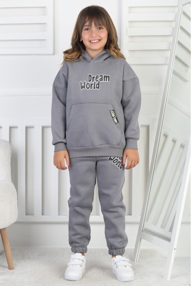 Şardonlu 3 İplik Baskılı Kapşonlu Kız Çocuk Takım