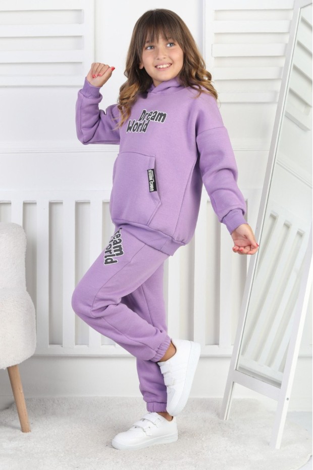 Şardonlu 3 İplik Baskılı Kapşonlu Kız Çocuk Takım