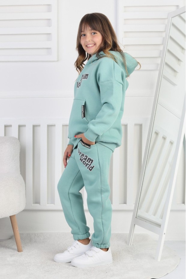 Şardonlu 3 İplik Baskılı Kapşonlu Kız Çocuk Takım